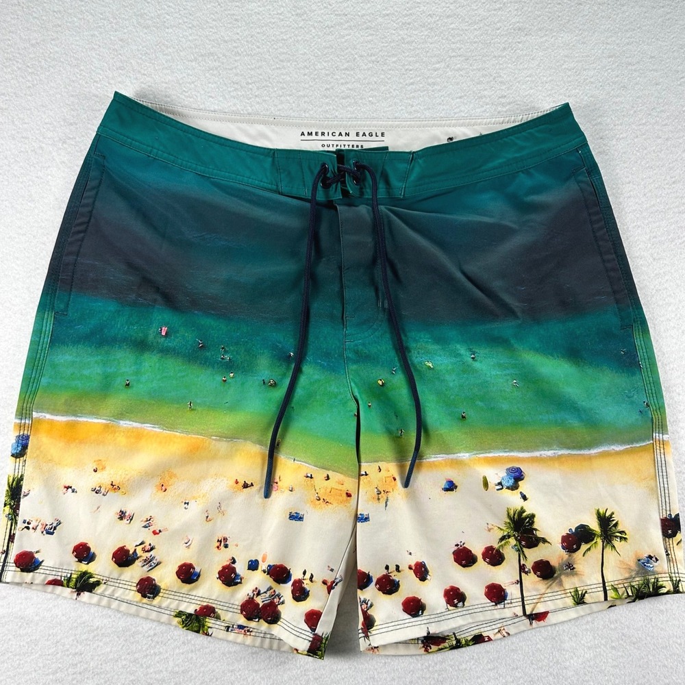 American Eagle Mens Large Beach Scene Graphic Swim Trunks Board Shorts Green